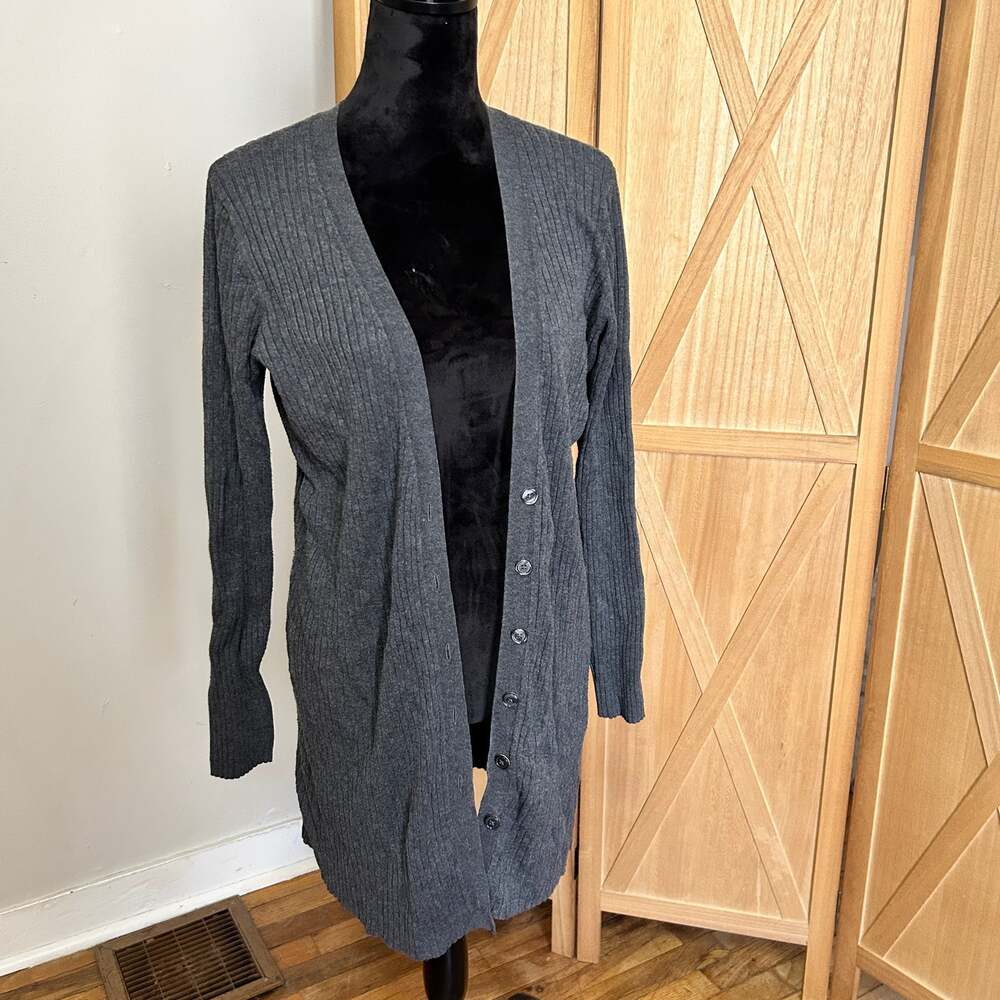 Dark charcoal gray ribbed cardigan